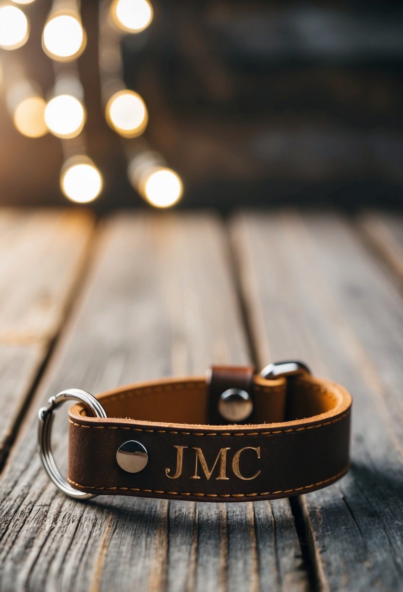 A leather keychain with engraved initials displayed on a rustic wooden table with soft lighting