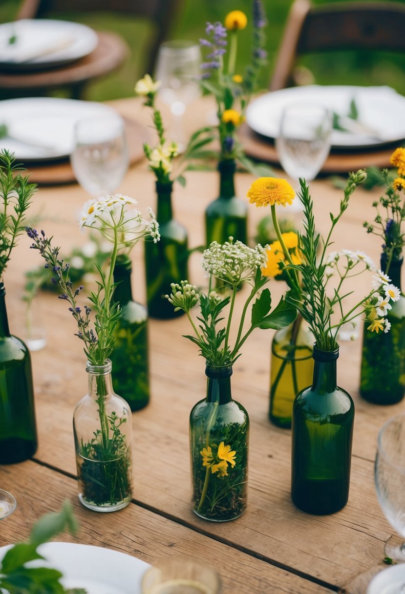 Apothecary bottles filled with wildflowers and herbs, arranged on wooden tables at a rustic country wedding