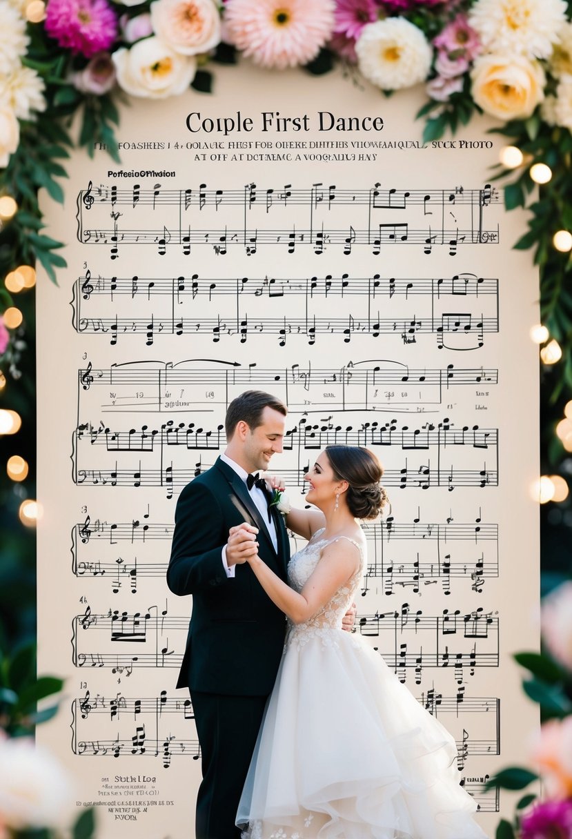 A couple's first dance, captured in elegant sheet music art, surrounded by romantic floral accents