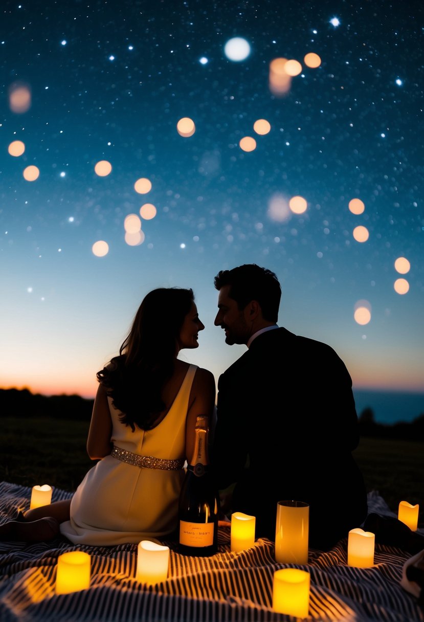 A couple's silhouette under a starry sky, sitting on a picnic blanket surrounded by candles and a bottle of champagne