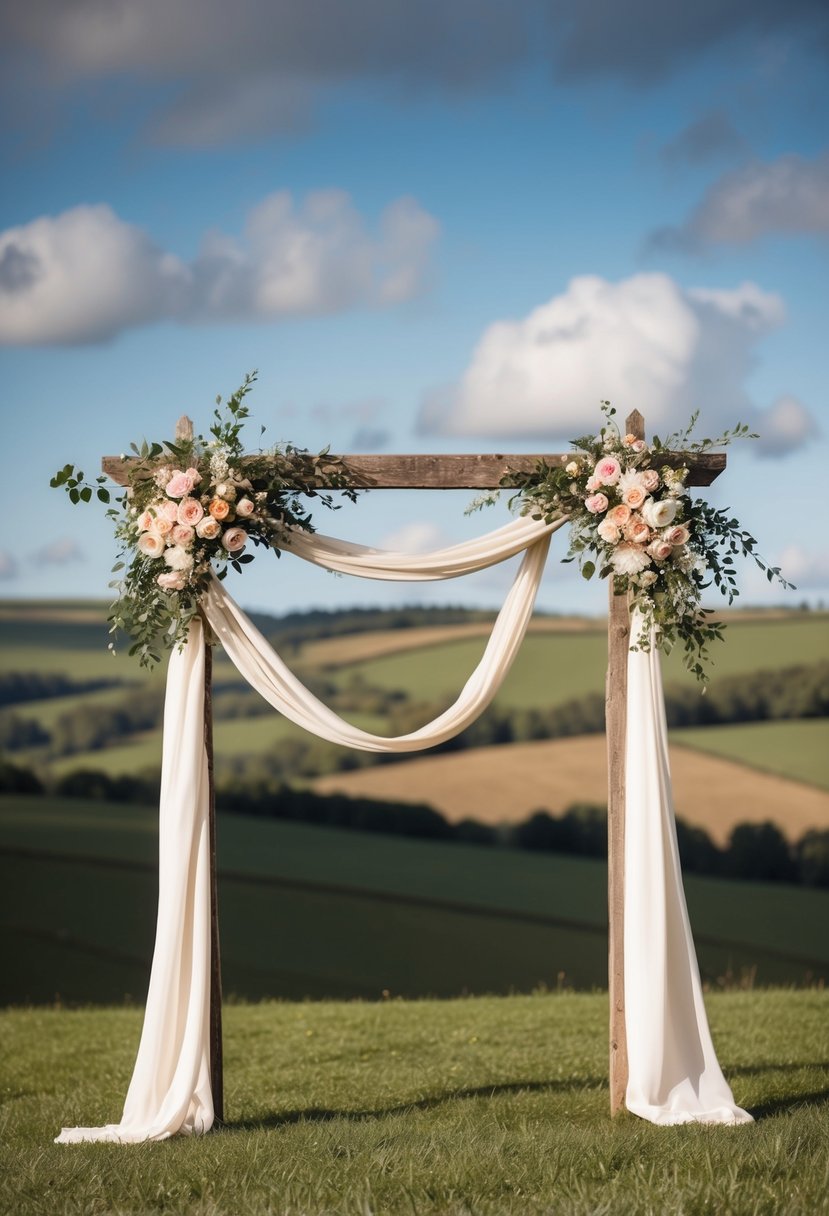 A rustic wooden archway adorned with flowers and draped with fabric, set against a backdrop of rolling countryside