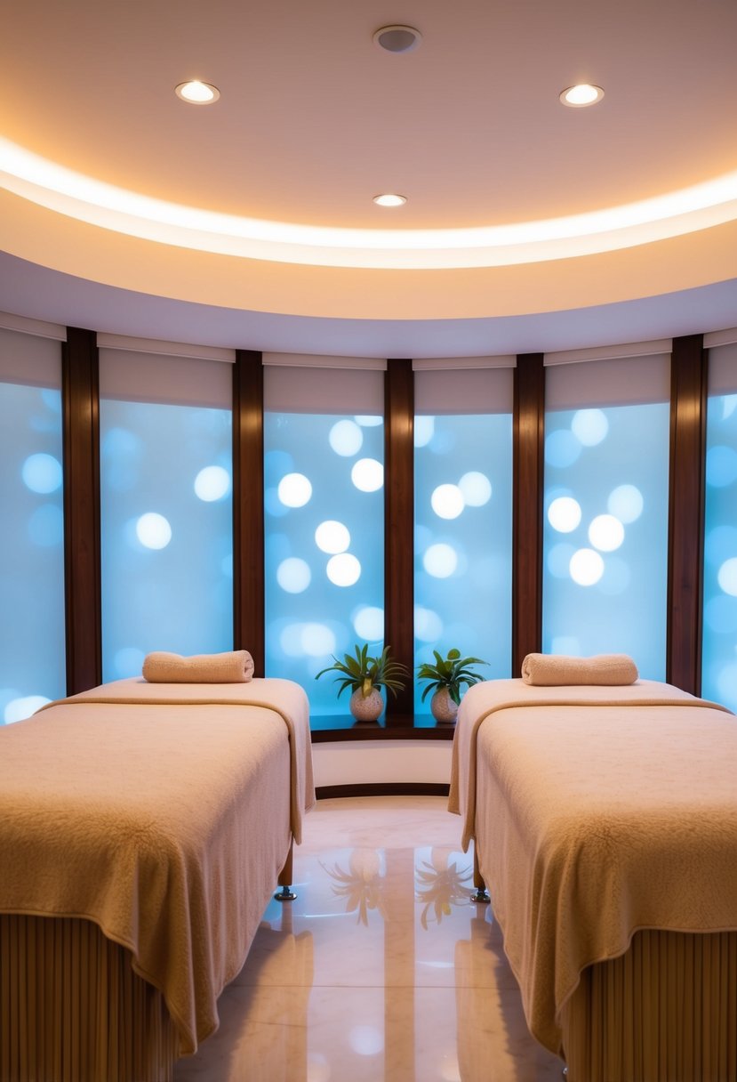 A serene spa room with two massage tables, soft lighting, and relaxing music