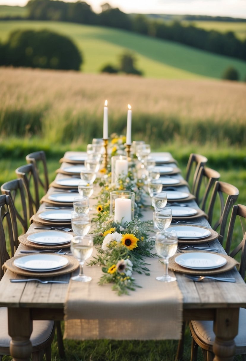 A rustic wedding table set with burlap runners, adorned with wildflowers and candles, set against a backdrop of rolling countryside