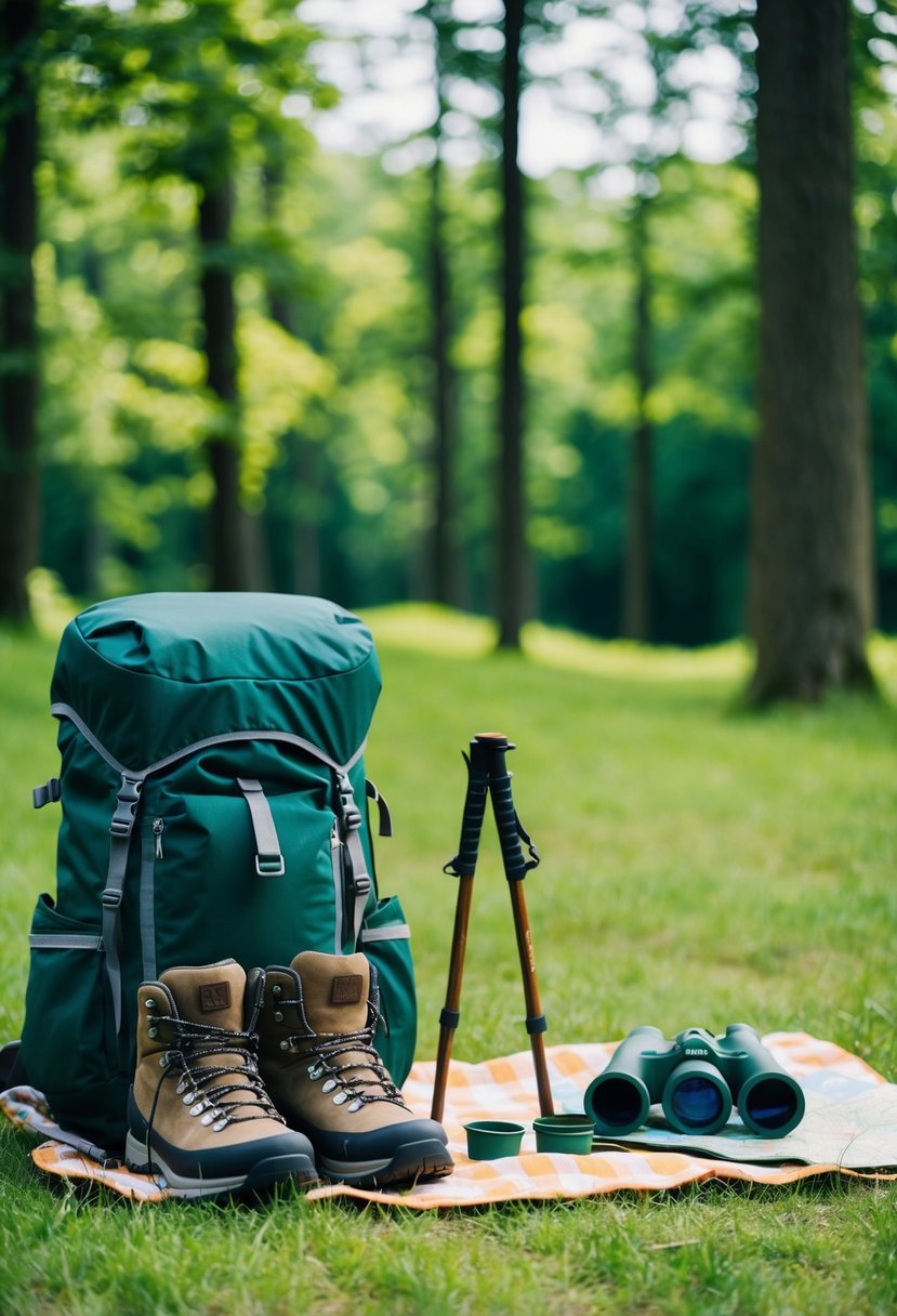 A backpack filled with hiking boots, binoculars, and a map lays next to a picnic blanket and a pair of walking sticks in a lush, green forest clearing