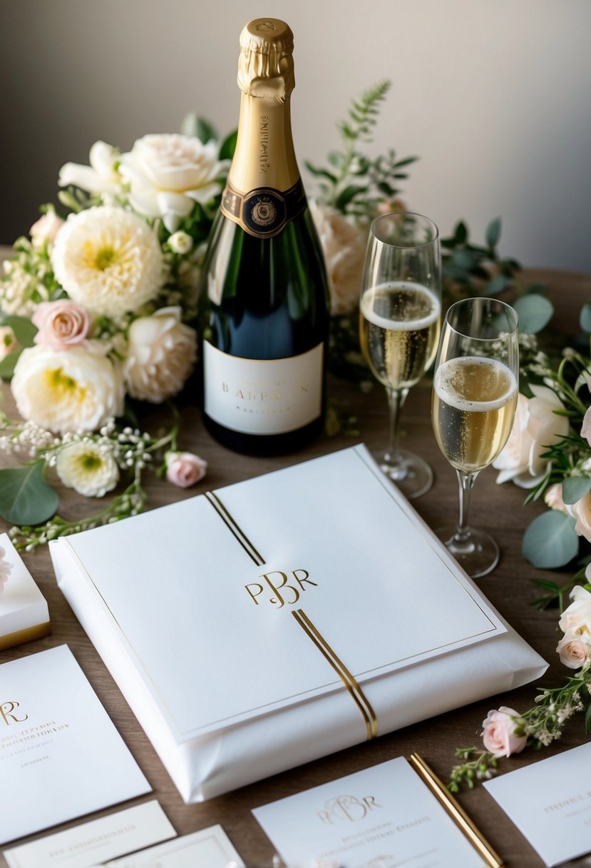 A beautifully wrapped stationery set with customized monogram and elegant design, surrounded by delicate floral arrangements and a celebratory bottle of champagne