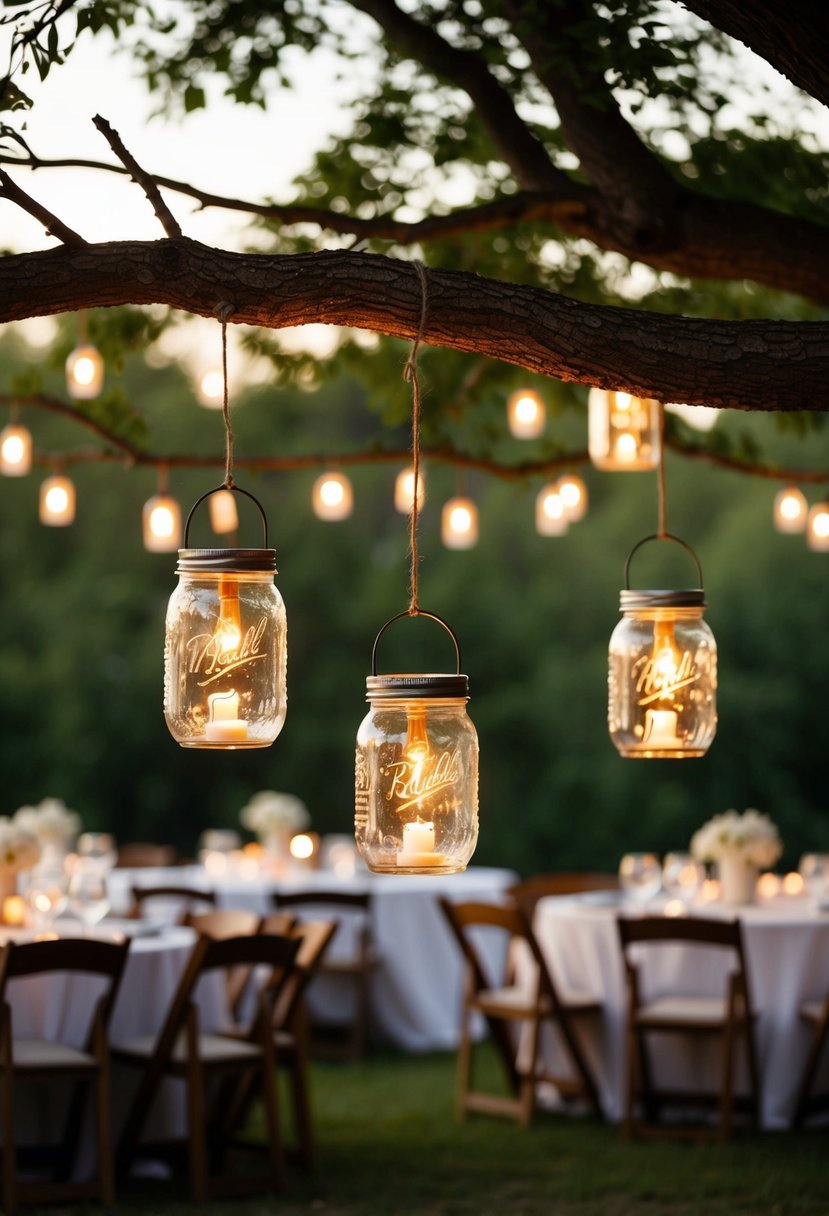 A rustic wedding reception with mason jar lanterns hanging from tree branches, casting a warm glow over the country setting