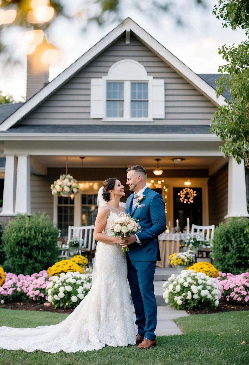 A custom house portrait with a couple celebrating their wedding anniversary in the front yard, surrounded by flowers and a festive atmosphere