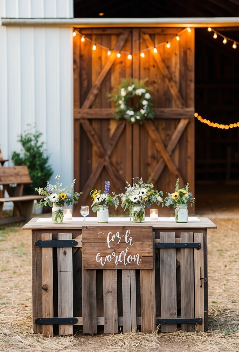 A cozy barn setting with string lights, mason jar centerpieces, and wildflower bouquets. A wooden sign with the couple's names hangs on a rustic gate