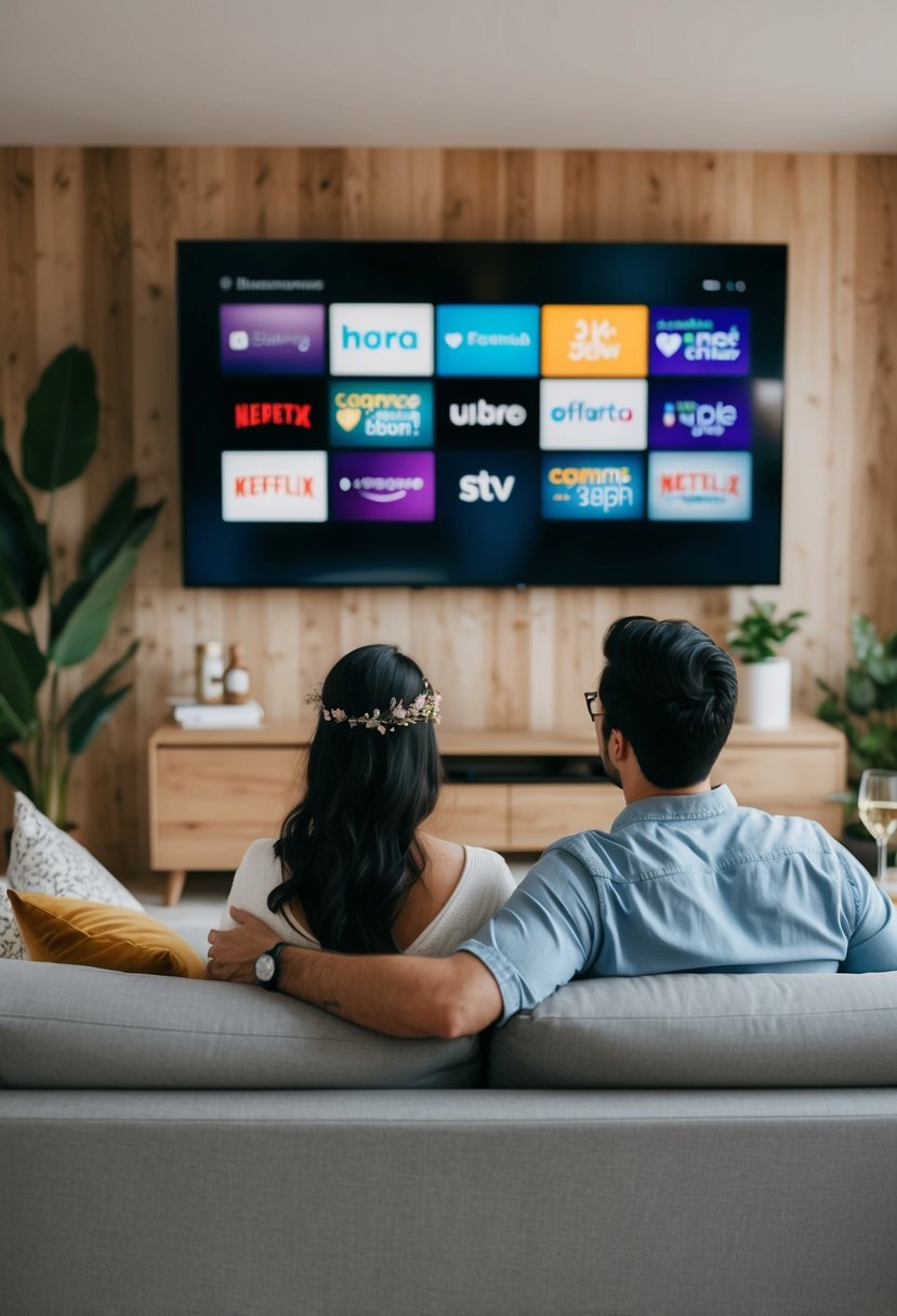 A cozy living room with a couple watching a large TV screen displaying a variety of streaming subscription options for their wedding anniversary gift ideas