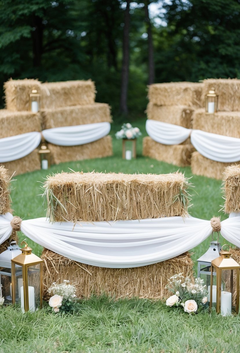 Hay bales arranged in a semi-circle with white fabric draped over them, surrounded by wildflowers and lanterns for a rustic wedding ceremony