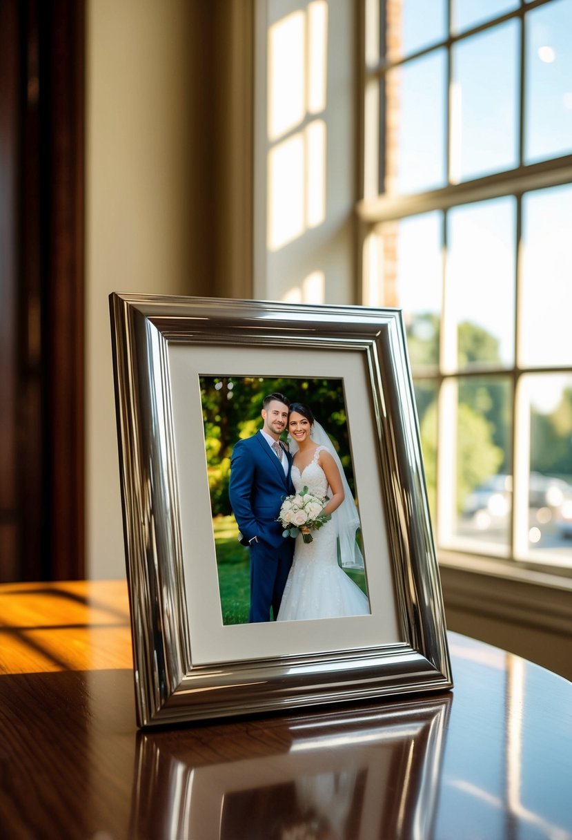 A silver-plated frame sits on a polished wooden table, encasing a wedding photo. Sunlight streams through the window, casting a warm glow