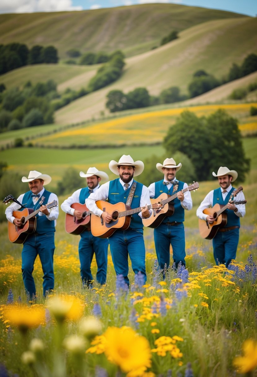 A lively bluegrass band performs at a rustic outdoor wedding, surrounded by rolling hills and blooming wildflowers