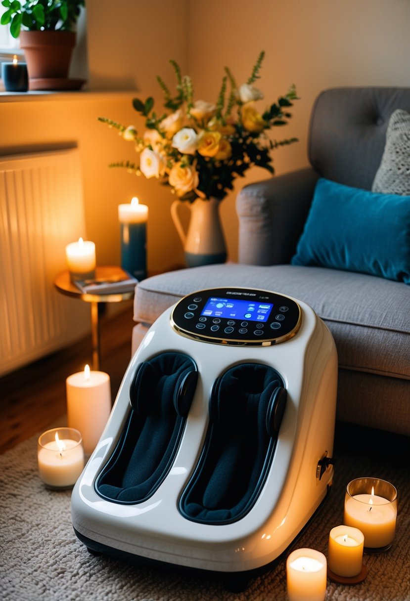 A cozy living room with a plush foot massager surrounded by candles and soft music, creating a relaxing atmosphere for a wedding anniversary gift