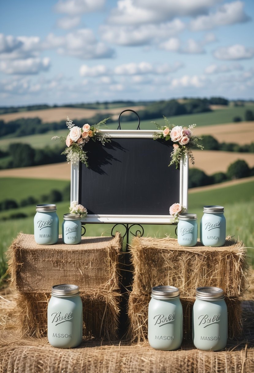 A rustic chalkboard sign adorned with floral and burlap accents, surrounded by mason jars and hay bales, set against a backdrop of rolling countryside