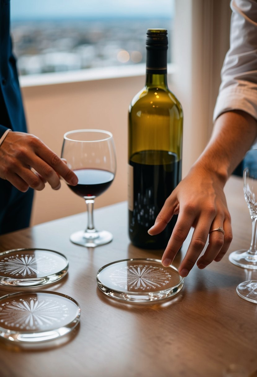 A couple's hands placing engraved crystal coasters on a table, with a bottle of wine and two glasses nearby