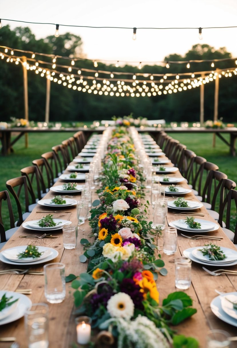 A rustic outdoor wedding reception with long farm-style tables adorned with fresh, locally-sourced produce and flowers under twinkling string lights