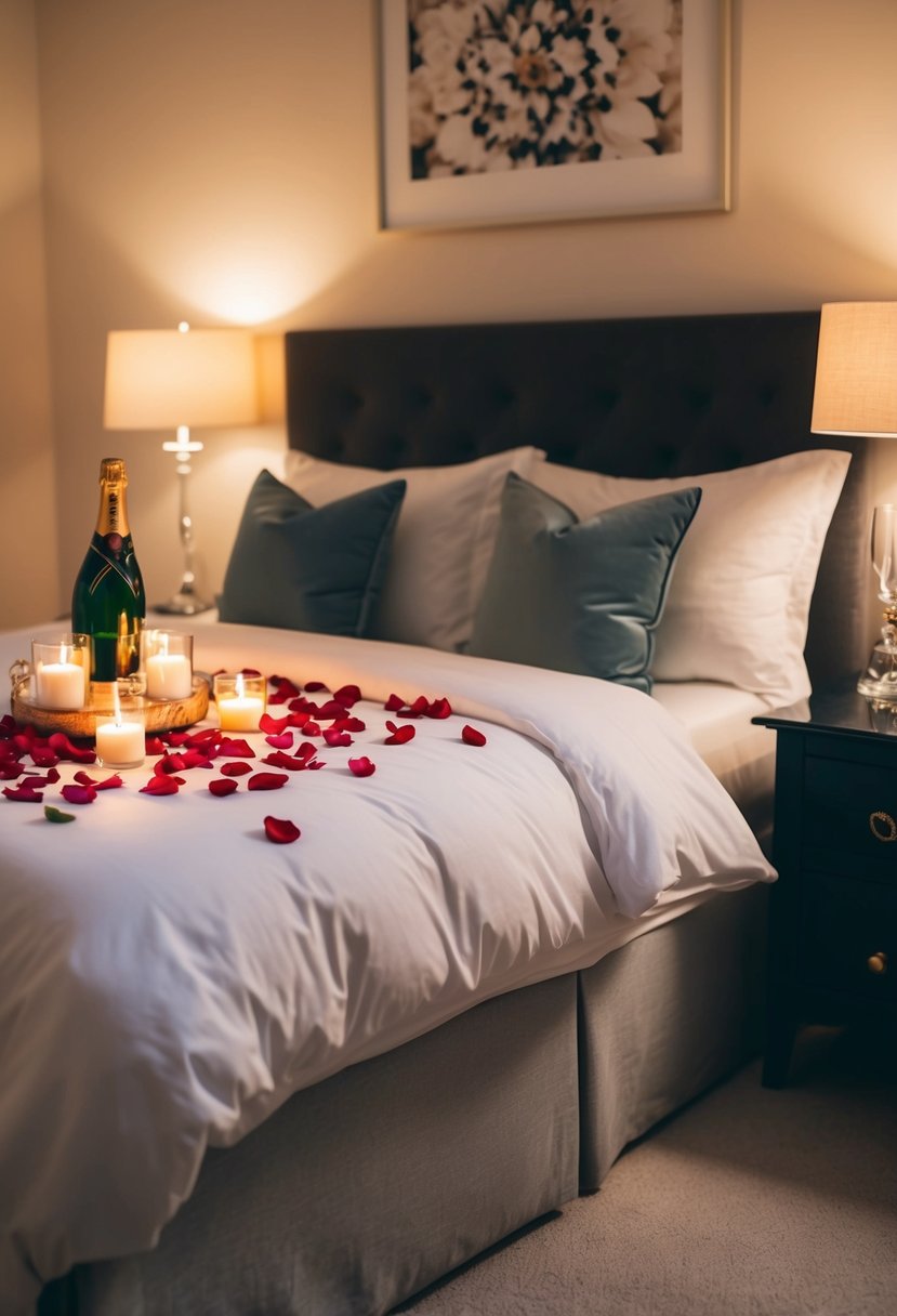 A cozy bedroom with rose petals scattered on the bed, soft candlelight, and a bottle of champagne chilling on the nightstand