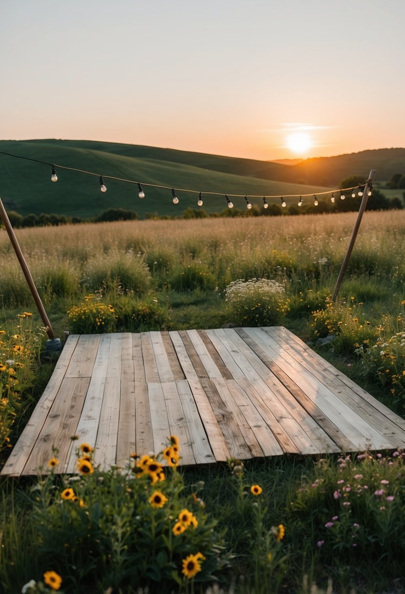 An open field with a rustic wooden dance floor, surrounded by string lights and wildflowers, set against a backdrop of rolling hills and a setting sun