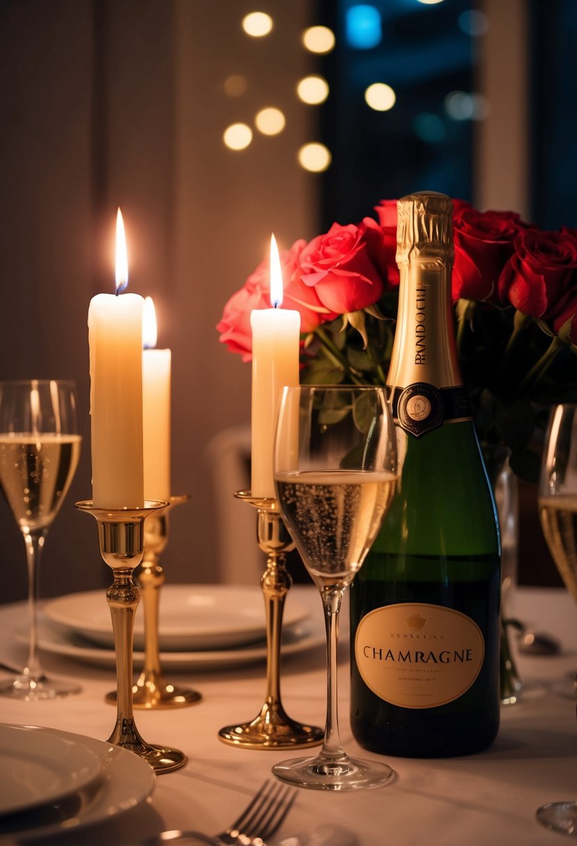 A candlelit dinner table with a bouquet of roses, a bottle of champagne, and soft music playing in the background