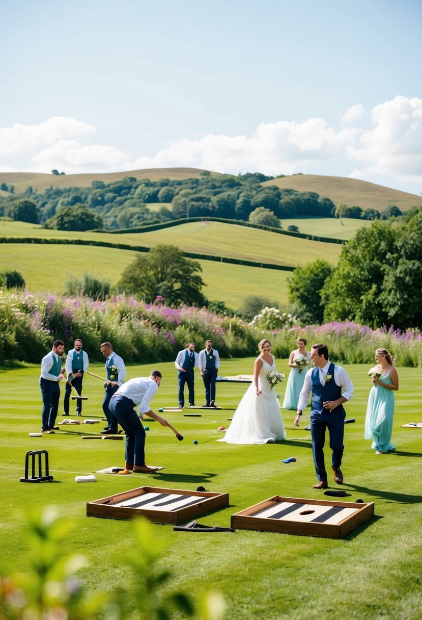 A sunny country wedding with guests playing lawn games like cornhole and croquet on a lush green lawn surrounded by rolling hills and blooming wildflowers