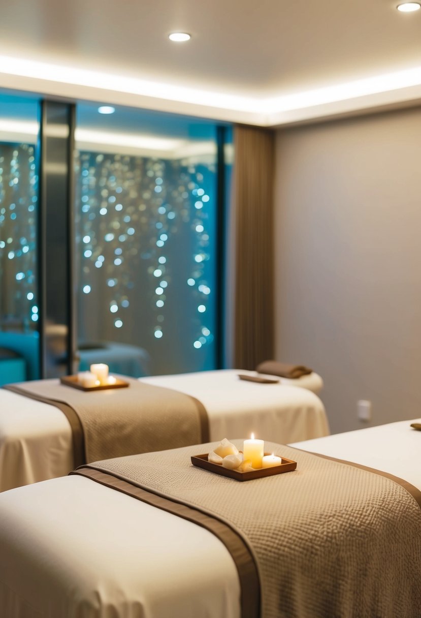 A serene spa room with two massage tables, soft lighting, and calming music. Aromatherapy scents fill the air, creating a peaceful atmosphere for a couples massage