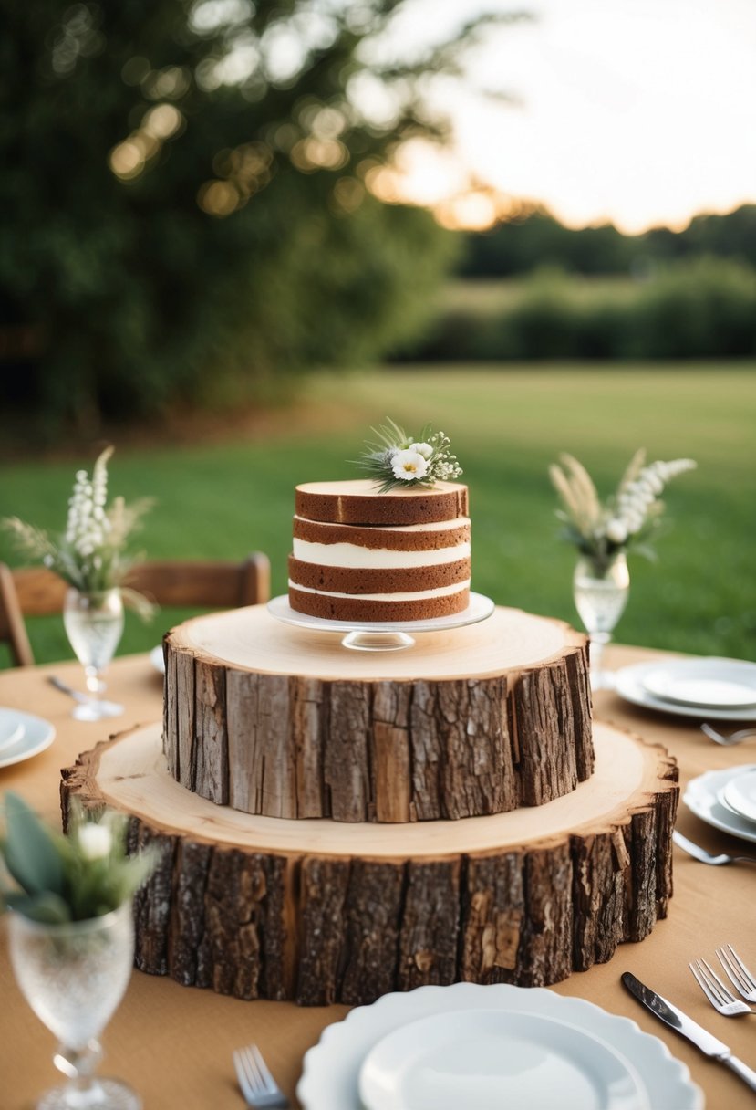 A rustic outdoor wedding scene with wood slice cake stands and country-inspired decor