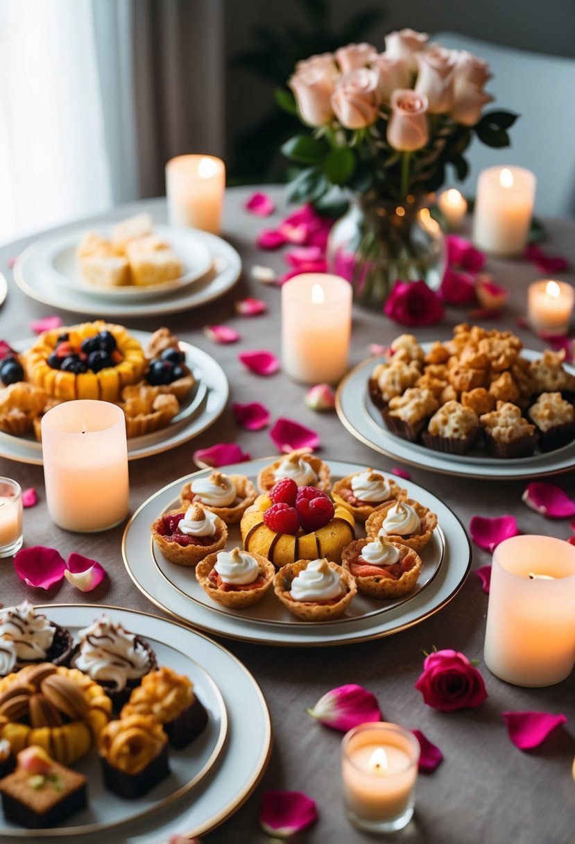 A beautifully set table with a variety of delicious snacks and treats, surrounded by soft candlelight and scattered rose petals