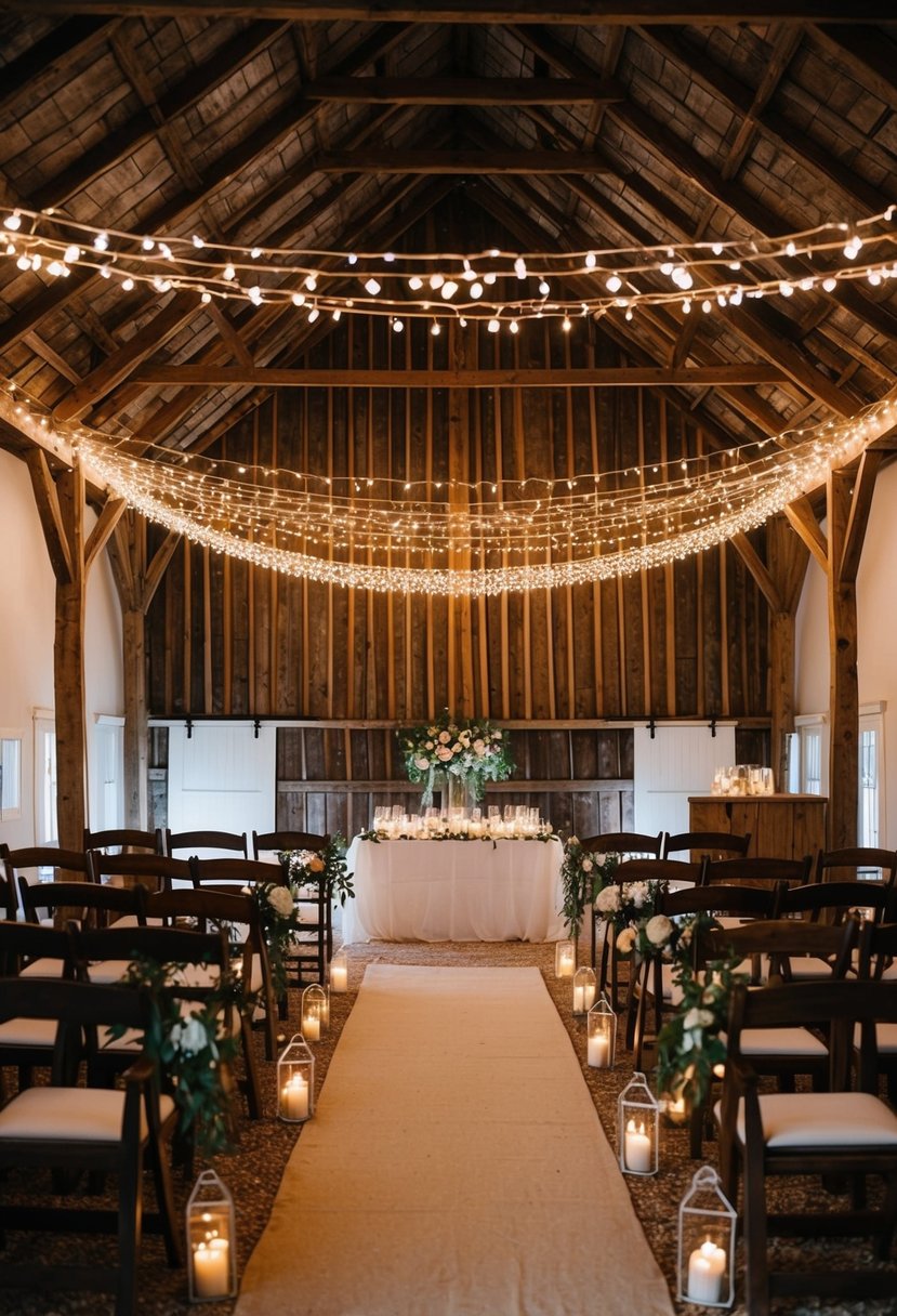 A rustic barn adorned with twinkling fairy lights, creating a magical ambiance for a country wedding celebration