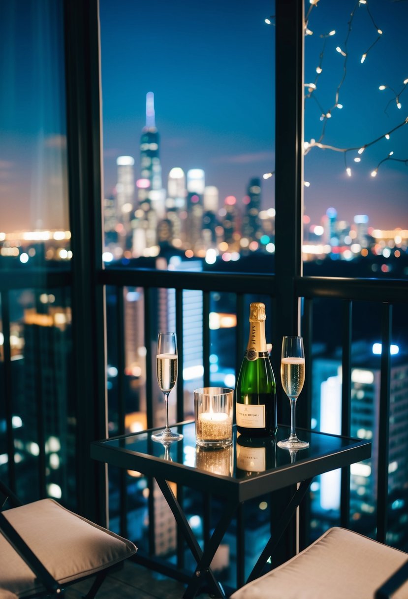 A balcony overlooking a city skyline at night, with two champagne glasses and a bottle on a small table, surrounded by twinkling lights