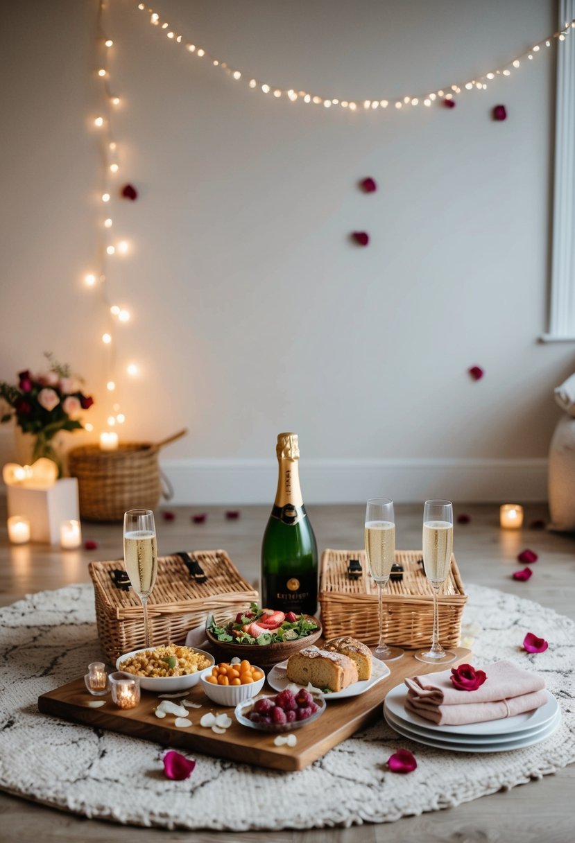 An elegantly set indoor picnic with soft lighting, scattered rose petals, champagne, and a spread of gourmet food on a cozy rug