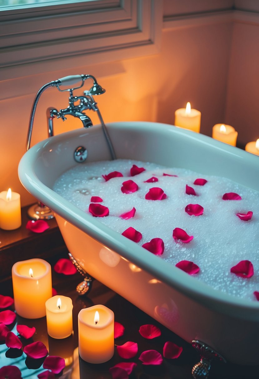 A bathtub filled with bubbles and rose petals, surrounded by flickering candles