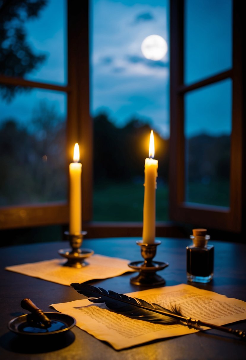 A candlelit table with a quill, ink, and parchment. Soft moonlight filters through an open window, casting a romantic glow over the scene