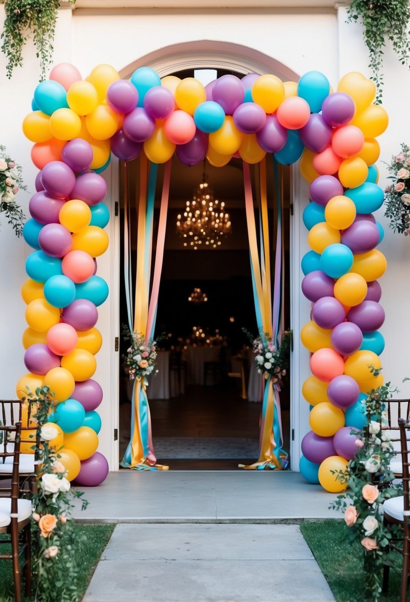 A colorful balloon arch frames the entrance to a wedding venue, with cascading ribbons and floral accents adding a festive touch