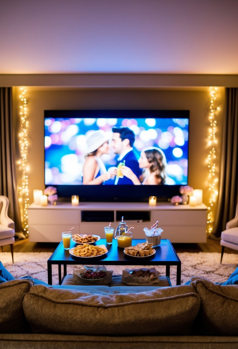 A cozy living room with a big screen, plush couch, and a table filled with snacks and drinks, surrounded by soft lighting and romantic decor