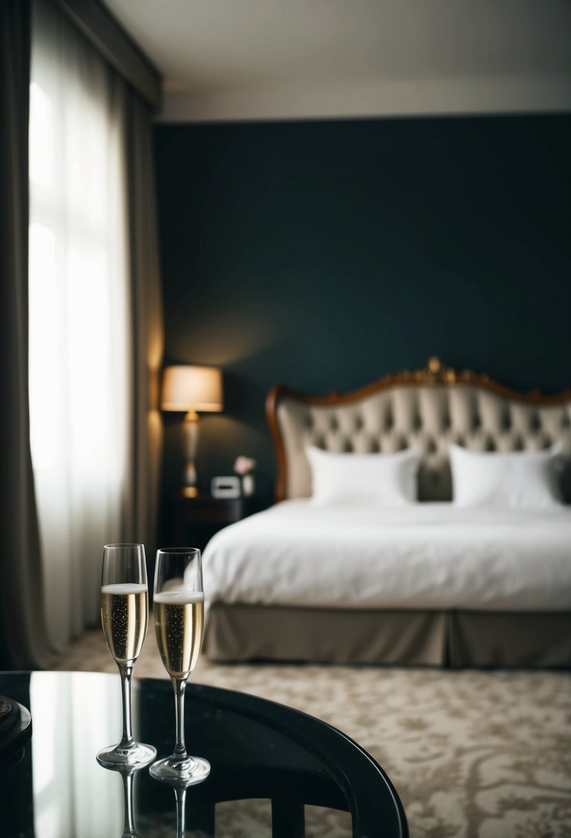 A dimly lit room with a large, elegant bed in the center. Soft, romantic music plays in the background as two empty champagne glasses sit on a nearby table