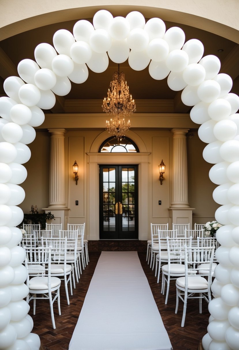 A classic white balloon arch frames the entrance to a wedding venue, creating a whimsical and elegant atmosphere