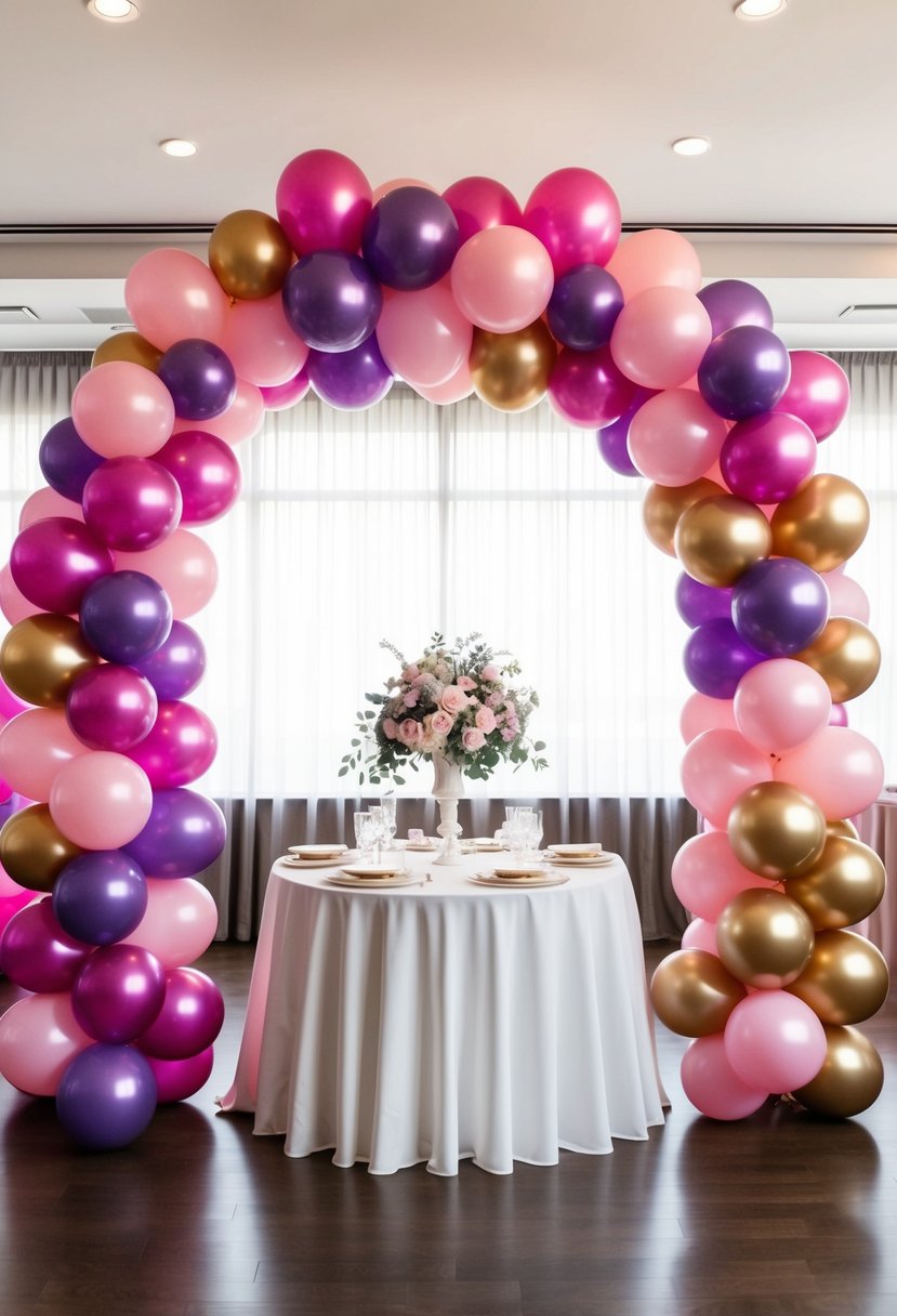 A grand balloon arch in shades of pink, gold, and purple frames a bridal shower celebration