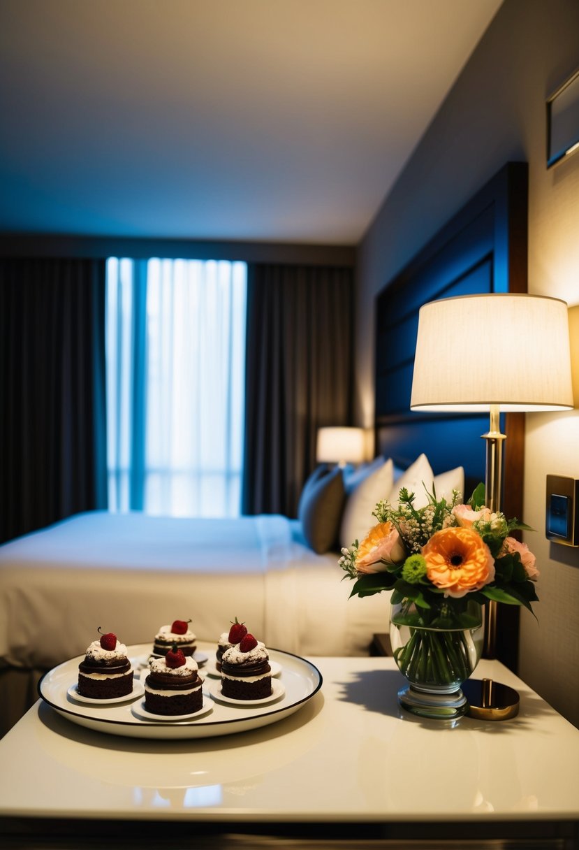 A dimly lit hotel room with a neatly set tray of decadent desserts and a vase of fresh flowers on a bedside table