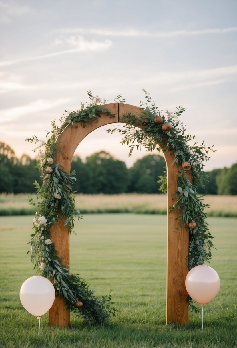 A wooden arch adorned with greenery and rustic balloons