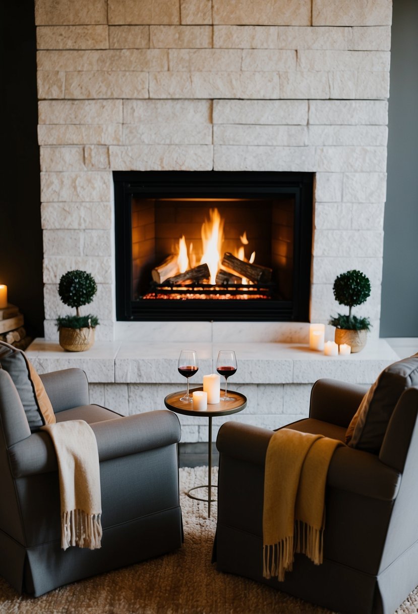 A crackling fireplace with two armchairs, a warm blanket, and a small table with candles and wine glasses