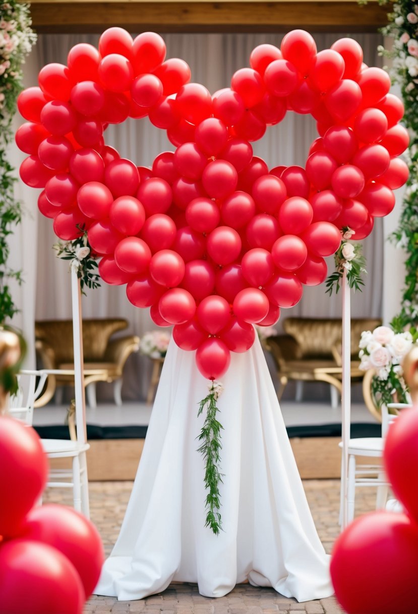 A heart-shaped arch made of red balloons, creating a romantic and whimsical atmosphere for a wedding celebration