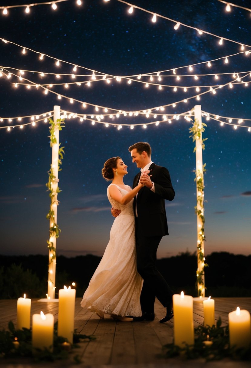 A couple dancing under a starry night sky, surrounded by twinkling lights and the soft glow of candles, sharing a tender moment of intimacy