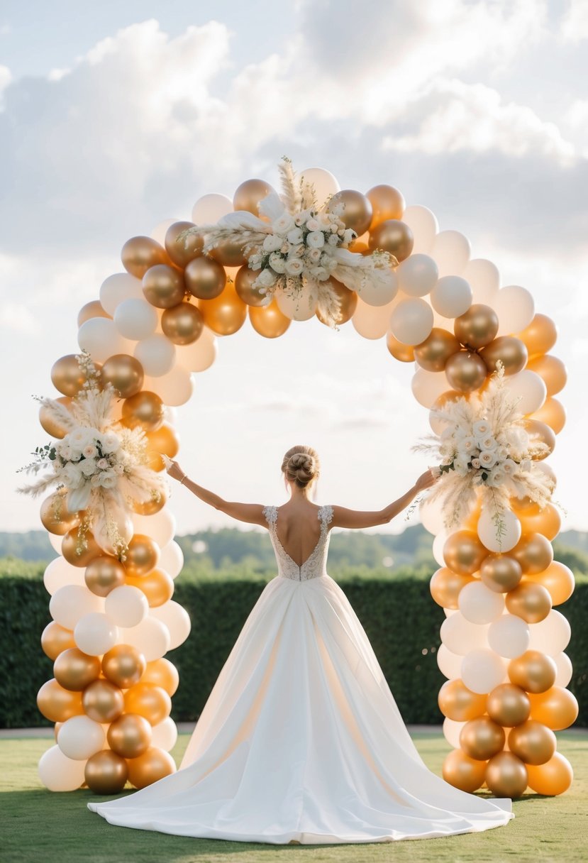 A grand wedding balloon arch adorned with elegant pearl and gold accents