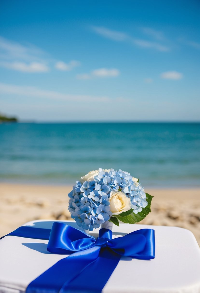 A serene beach with a clear blue sky, a bouquet of blue hydrangeas, and a bride's flowing blue ribbon sash