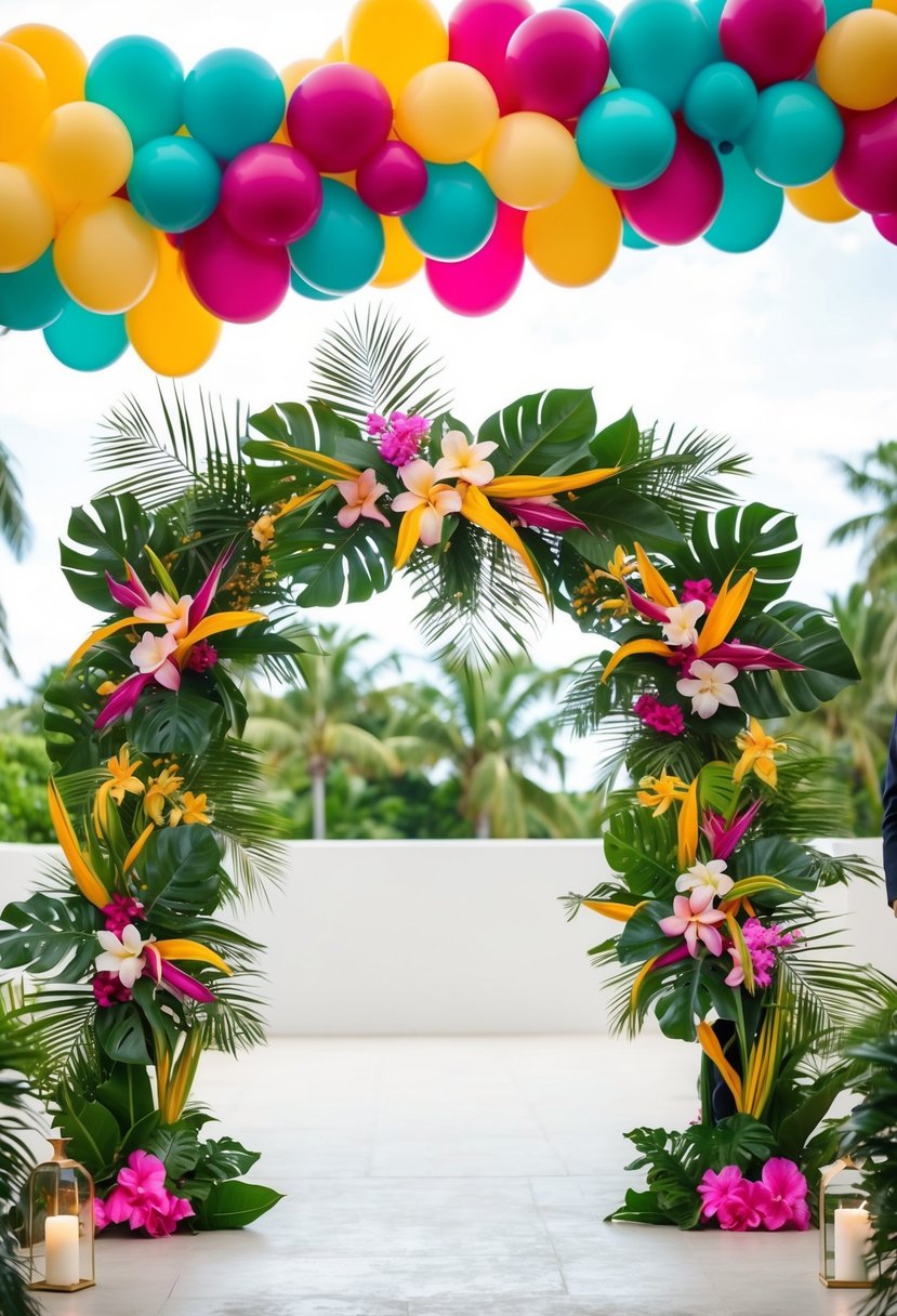 A vibrant balloon arch adorned with tropical flowers and foliage, creating a stunning entrance for a wedding celebration