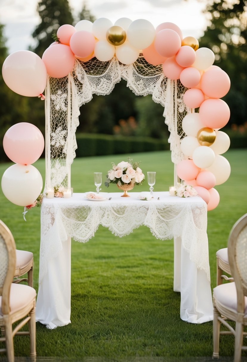 A charming vintage lace and balloon arch frames a romantic wedding setting