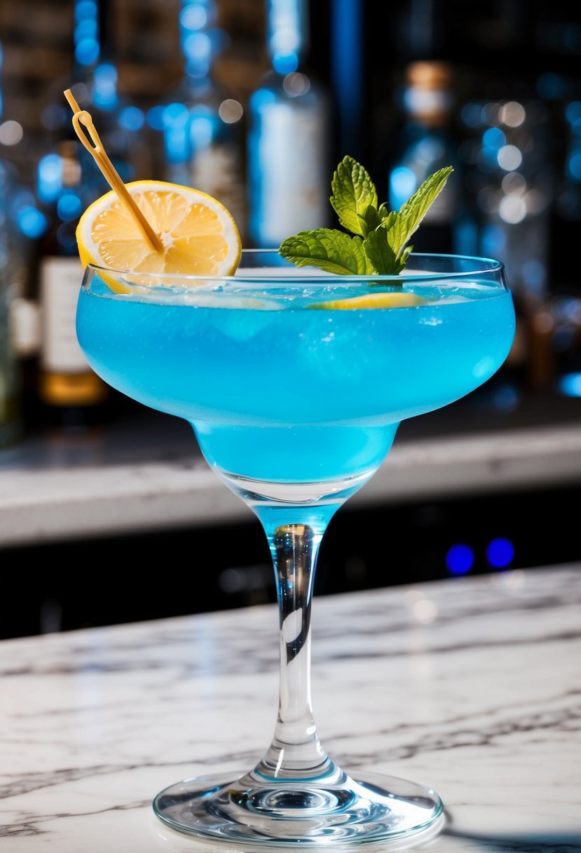 A crystal-clear glass filled with a vibrant blue cocktail, garnished with a twist of lemon and a sprig of fresh mint, sitting on a marble bar top