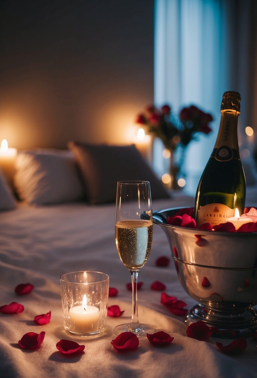 A dimly lit room with soft candlelight, a bed adorned with rose petals, and a champagne bottle chilling on ice