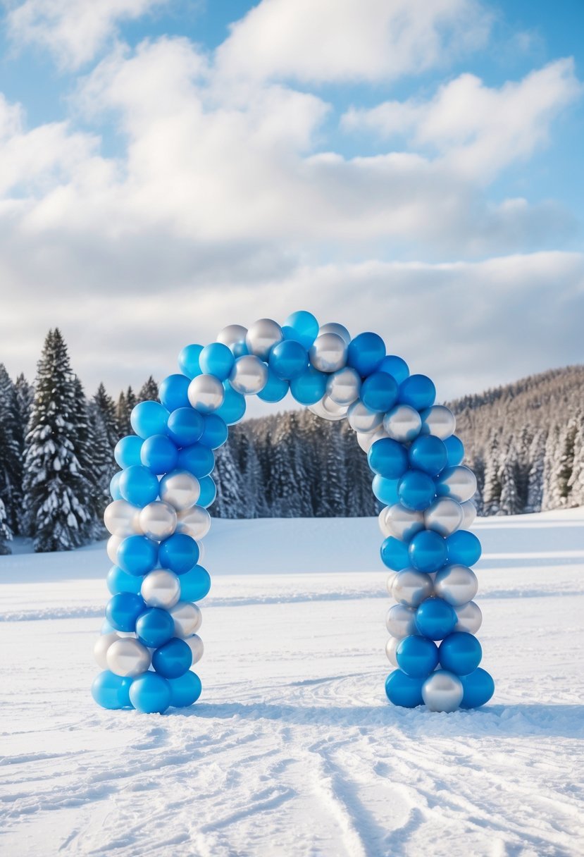 A snowy landscape with a grand arch made of blue and silver balloons, creating a magical winter wonderland scene