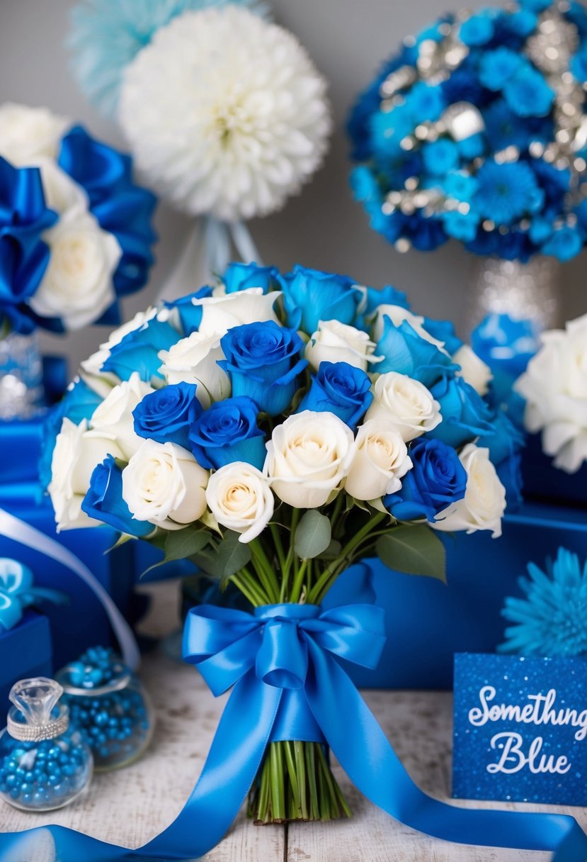 A blue bouquet tied with ribbons, surrounded by wedding decor and ideas, with a focus on the "something blue" theme